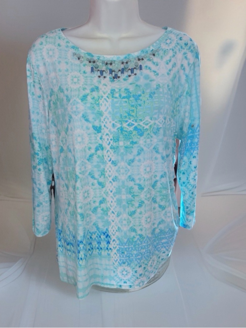 Ruby Rd  Women’s Top Green Geometric Bling Dangling Stones 3/4 Sleeves Medium